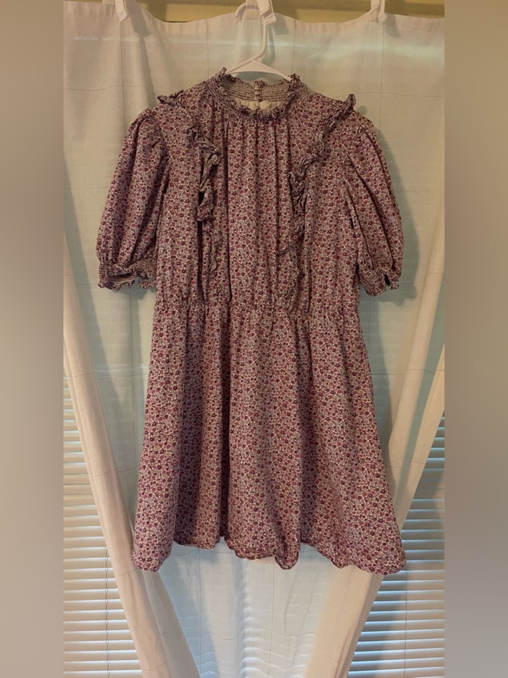 Lavender Floral Ruffle Puff-Sleeve Dress